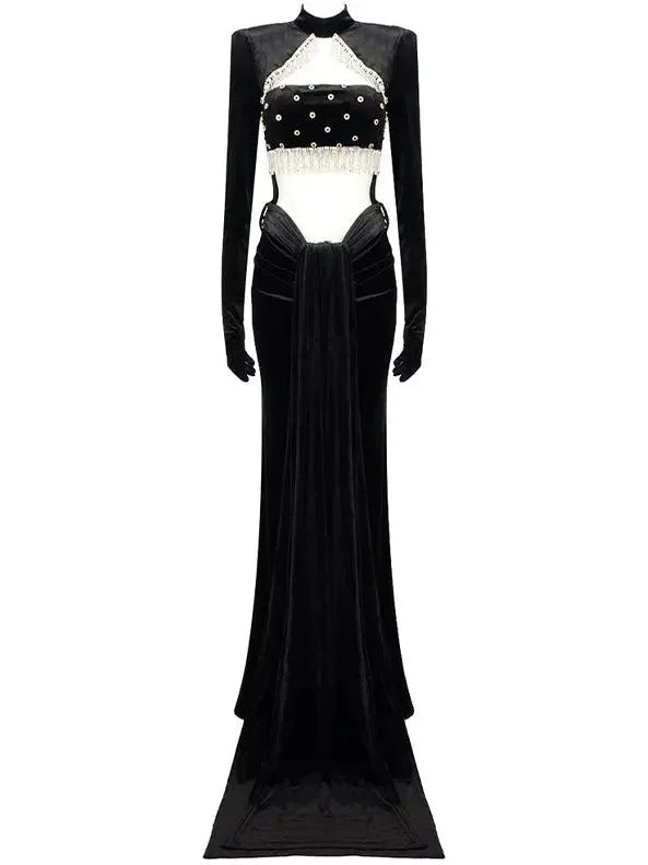 women's everyday dressesEmbellished Long Cut-Out Velvet Gown with Sleeves