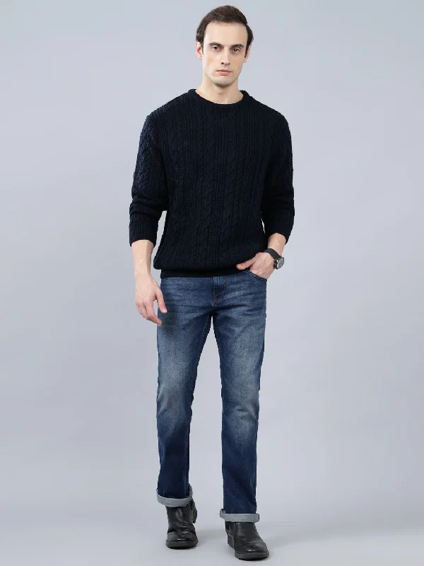 Men's Sweaters with EmbellishmentsMen's Jacquard Navy Blue Full Sleeve Sweater