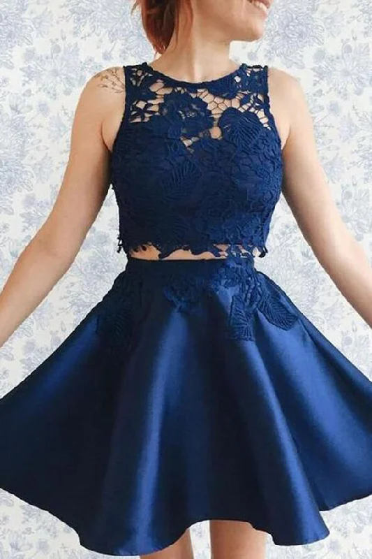 Retro DressImpressive Two Piece Lace Round Neck With Appliques Homecoming Dresses