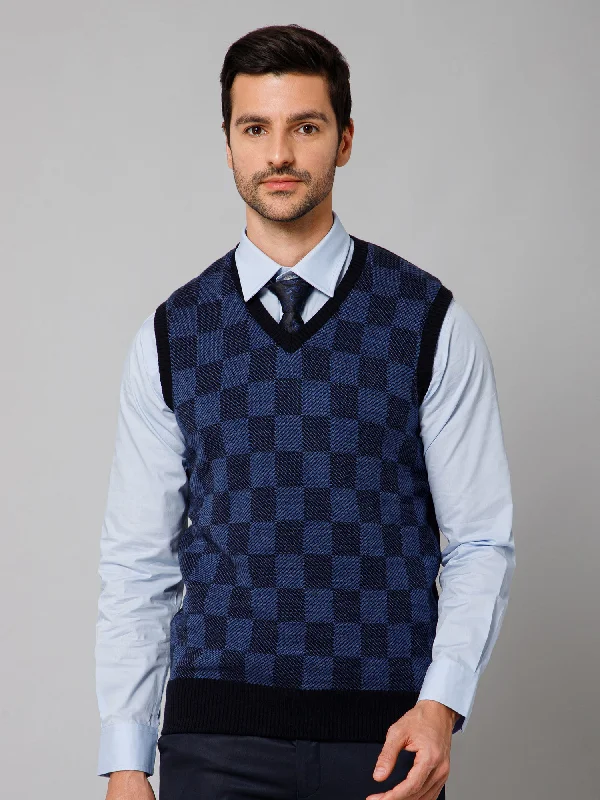 Men's Sweaters with Ribbed WaistbandsCheckered Navy Blue Sleeveless V Neck Regular Fit Casual Sweater for Men
