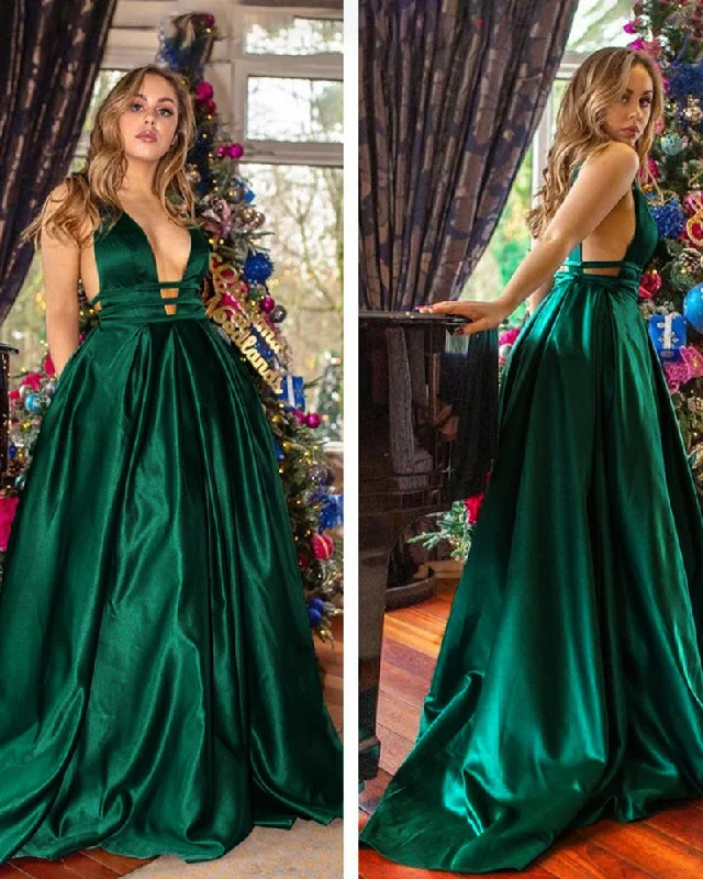 women's stretch dressesSexy V Neck Long Satin A Line Deep V Neck Emerald Evening Dress   Long Party Gown PL10909