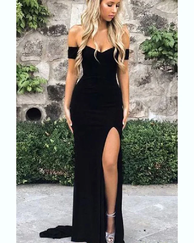 women's stretch dressesElegant Long Fitted Off the Shoulder Spandex Black Evening Party Dresses with Split PL10220