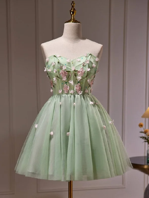 Scoop-Neck DressCute Green Strapless Appliques Tulle Short Homecoming Dresses