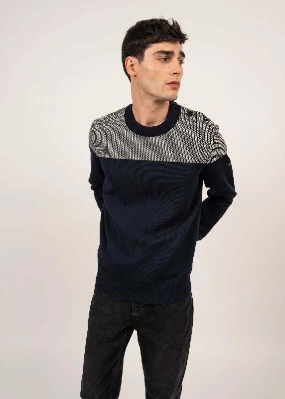 Men's Sweaters with Adjustable HemlinesDinan bicolour sailor jumper - with jacquard elbow patches, in pure new wool (MARINE/ECRU)
