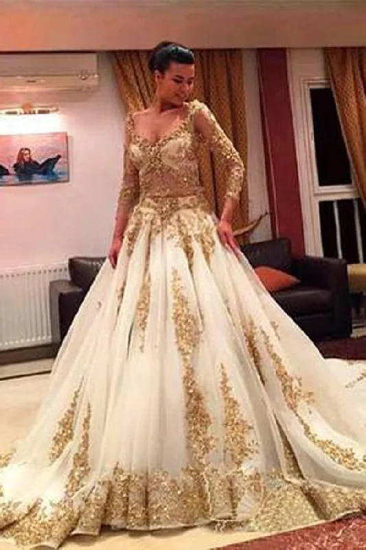 women's solid color dressesRoycebridal Gold Lace Beaded V-Neck Long Sleeves Ball Gown Wedding Dresses with Chapel Train, MW154