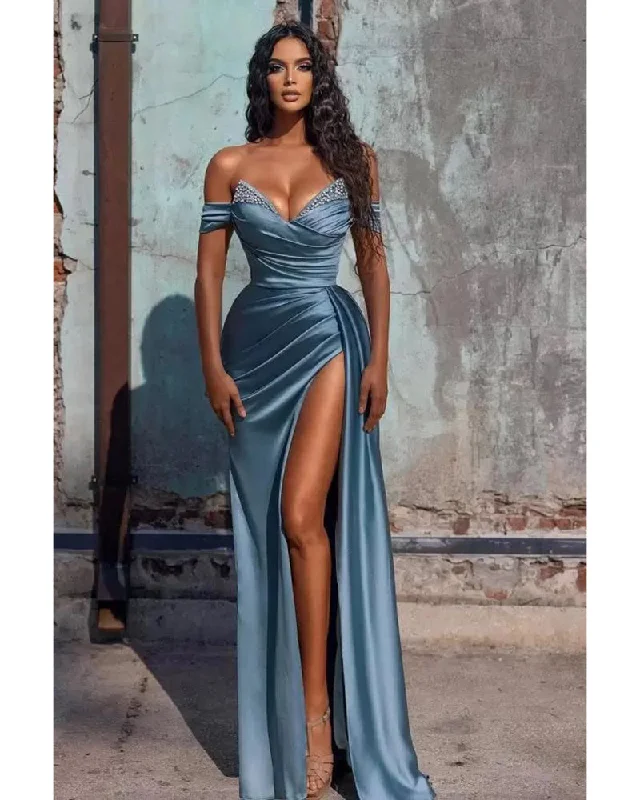 women's hourglass figure dressesDusty Wathet Blue Off the Shoulder Fitted Sexy Long Party Dress with High Slit Long Evening Gown PL2278