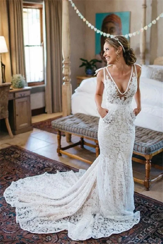 women's stylish dressesRoycebridal V-neck Sleeveless Mermaid Backless Lace Pocket Wedding Dress With Court Train,MW398
