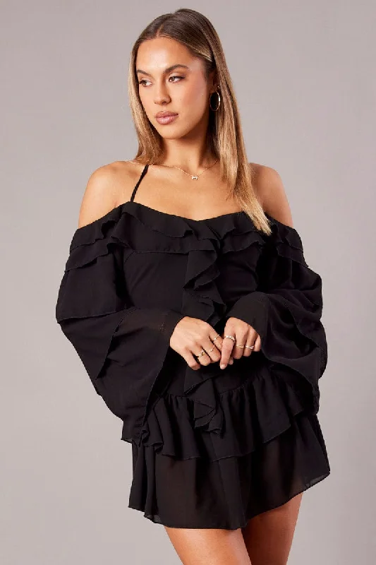 Chiffon DressBlack Ruffle Dress Bardot Layered Frill Sleeve Dress